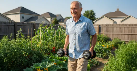 senior man carrying dumbbells through his garden