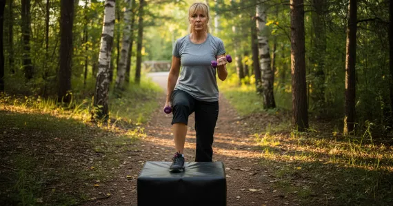 woman doing step ups on a plyometric box on a wooded walking path