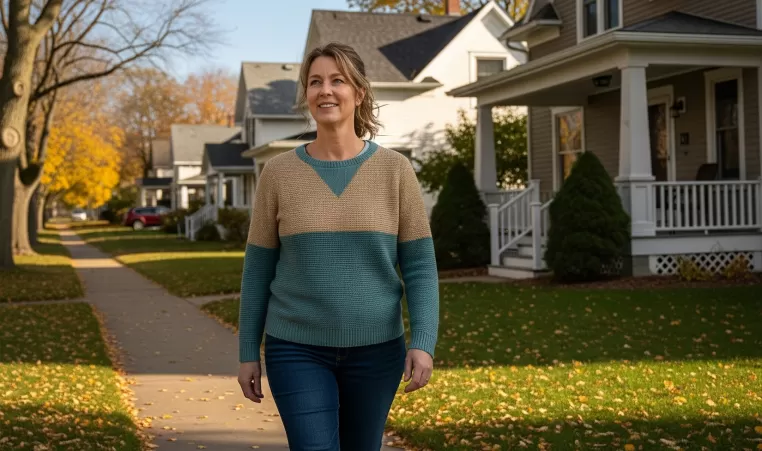 woman walking through a neighborhood in autumn