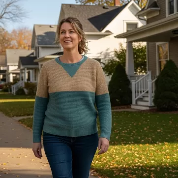 woman walking through a neighborhood in autumn